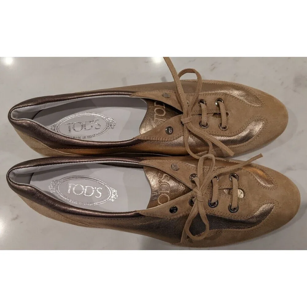 Women's TOD'S Beige Leather & Metallic Gold/Pewter Leather Low-Top Sneakers 11.5